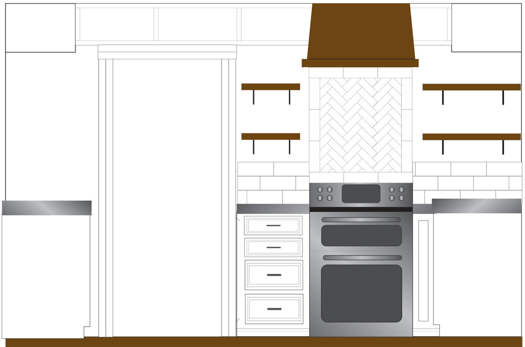 The oven moves over and cabinets are replaced by open shelving. 